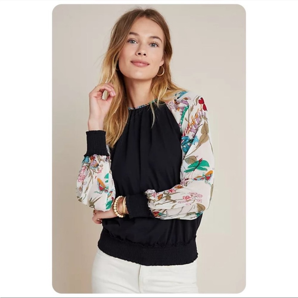 Anthropologie brand Tiny sheer long sleeve butterfly dragonfly print blouse, XL